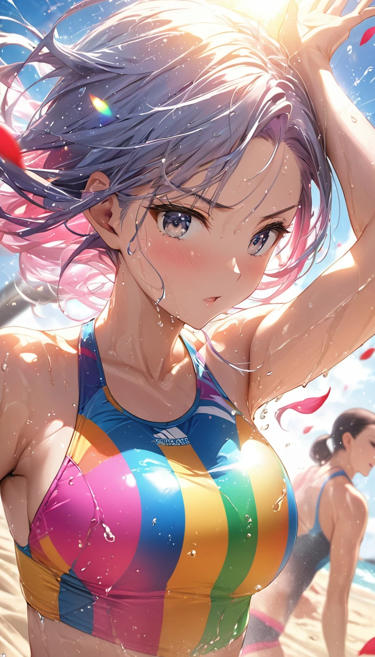 (Sports magazine cover photo), Highest quality, Great quality, 16K, Unbelievably absurd, Very detailed, delicate and dynamic, Natural light, The particles reflect light, Diffuse reflection of light, Many rainbow-colored petals fall, Beautiful sandy beach, Sparkling Sun, Diffuse reflection of light, Create amazing image effects, , Wet, sweating, Beach Volleyball, receive, Close-up(Cute sexy girl, big bouncing busts, Sensual expression, Cool girl, Serious, passion, Dynamic, Flashy swimsuit, ,audience , much-air-laden cheer)