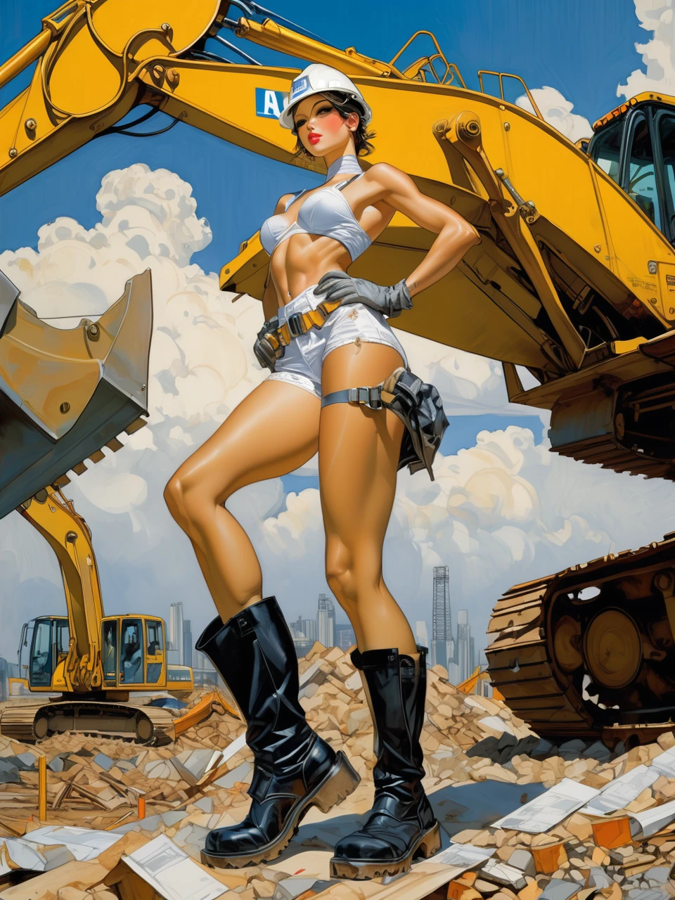 Art by J.C. Leyendecker. Art by Masamune Shirow. Sexy calendar model dressed as a construction worker in a power pose, tatooed arms akimbo, posing in front of a massive excavator. She is dressed in safety gear, with a white hard hat and a pair of white short shorts, heavy boots. The excavator looms behind her, its metal frame and bright yellow color contrasting with the gray construction site. The sky above is a brilliant blue, with just a hint of clouds, and there's a sense of progress and achievement in her posture.