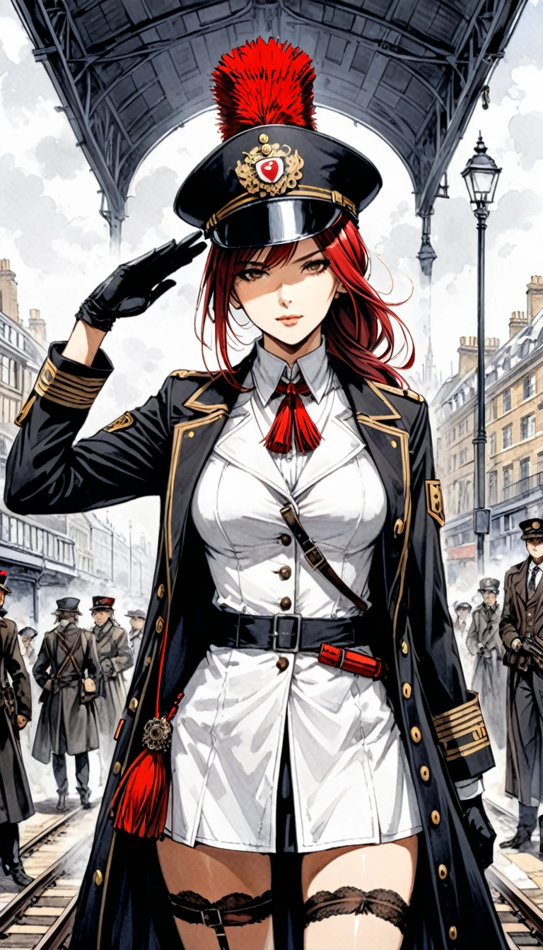 Santiago Caruso style,One girl，London Fashion，Female Agent，white，garter，Railroad Man Coat，Tyrolean hat，(from the front:2.0)，new age，银色Long Hair，ponytail，Long Hair，Cowboy Shot,View your viewers，(bangs_fixed_return:1.0),salute，Look at the people，A gun is attached to his waist，Red tassel ribbon，
