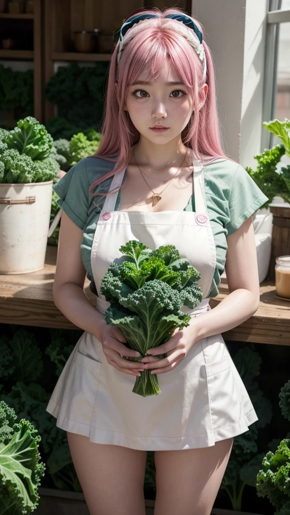 1 girl, standing alone, nakano nino, pink hair, butterfly hair ornament, (Kale:1.3), (white apron), breasts big, neckleace, thicc thighs, coffee background, (blushful:1.3)