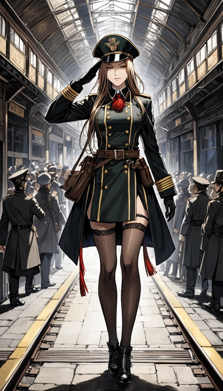 Santiago Caruso style,One girl,London Fashion,Female Agent,black,garter,military cap,Railroad Man Coat,Tyrolean hat,(from the front:2.0),new age,银色Long Hair,ponytail,Long Hair,Cowboy Shot,View your viewers,(bangs_fixed_return:1.0),salute,Look at the people,A gun is attached to his waist,Red tassel ribbon,