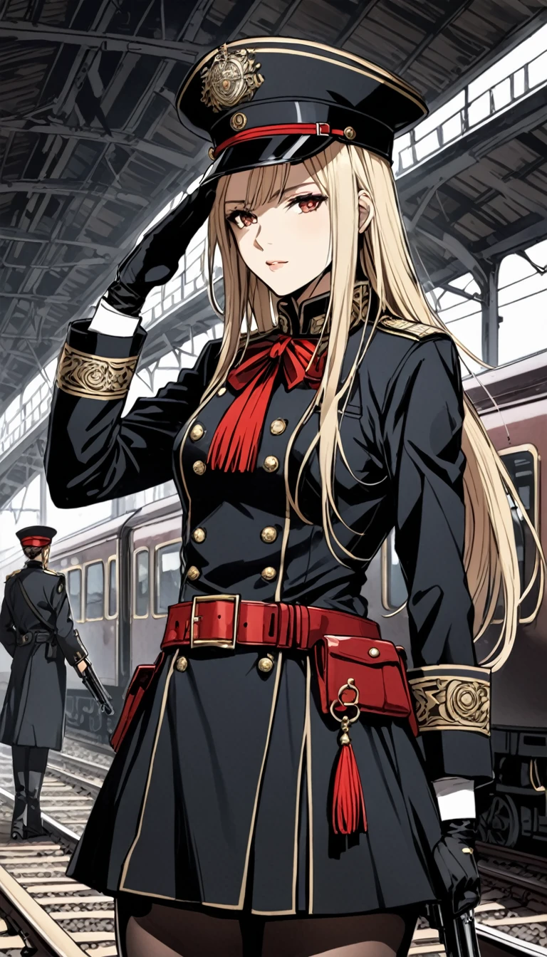 Santiago Caruso style,One girl，London Fashion，Female Agent，black，garter，military cap，Railroad Man Coat，Tyrolean hat，(from the front:2.0)，new age，银色Long Hair，ponytail，Long Hair，Cowboy Shot,View your viewers，(bangs_fixed_return:1.0),salute，Look at the people，A gun is attached to his waist，Red tassel ribbon，