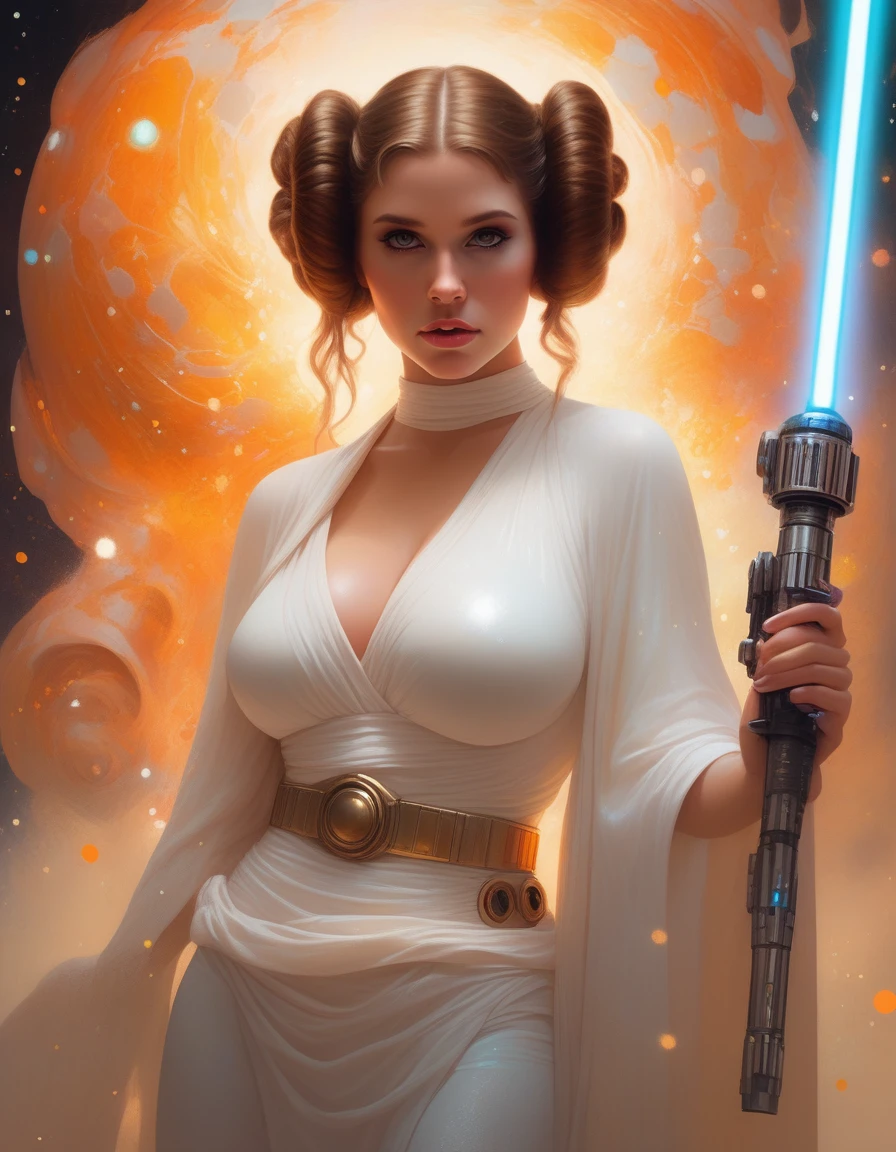 official art, unity 8k wallpaper, ultra detailed, beautiful and aesthetic, beautiful,, channeling arcane energies that ripple and distort the very air,abstract perspective, covered with small Pumpkin Rod, gooey liquid neon color hair and lips, highly refractive skin with small rainbow sparkles, glowing color exploding cell shading, Voronoi diagrams sparkling lighting, Dappled Light, ((A canvas of code and creativity, bits and brushes unite, unveiling the portrait beyond pixels)), dreamy magical atmosphere, (skin texture), (film grain), (warm hue, warm tone), cinematic light, side lighting, Princess Leia (Star Wars): Princess Leia's iconic white dress, cinnamon bun hairstyle, and blaster make her a beloved choice for Star Wars cosplay., by boris vallejo and Grzegorz Rutkowski (((big-boobs)) with jedi gold sword