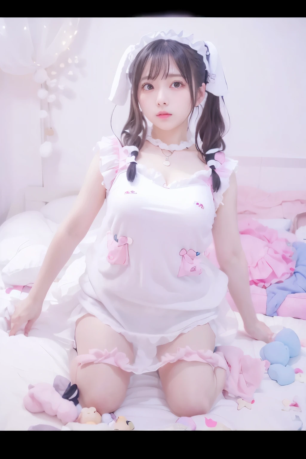 (masterpiece, best quality), (realistic: 1.3), (large breasts: 1.3), (extremely soft: 1.3), (kawaii clothing), (soft jersey cotton), (dark black hair), (twintails), cute japanese girl, very soft, in a cute room,