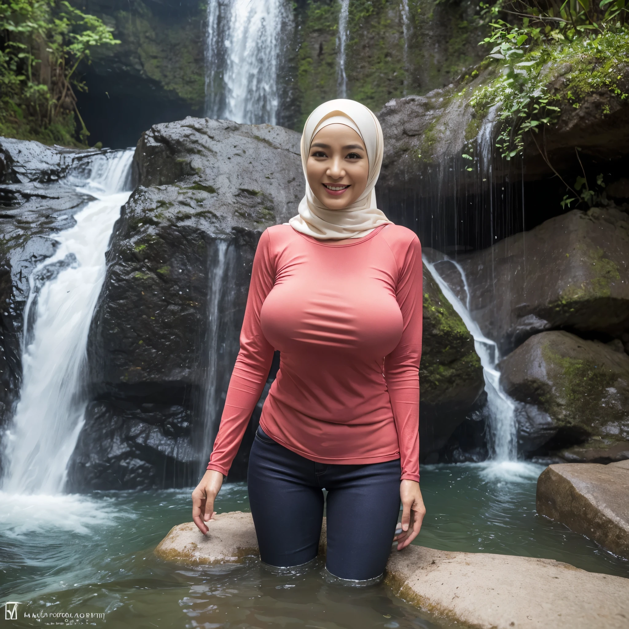 ((56 years old, Indonesian Mature woman, mature age woman, GILF, Sugar Granny, Hijab, Wearing Tight Long-Sleeve T-shirt, Wet Clothes))), ((Lifting T-Shirt)), ((Natural Gigantic Breast : 1.4)), casual Pose, Smiling face, Professional Photoghraphy, work By Master Of Photoghraphy, (((At Waterfall))), (((Having Bath))), Deep photo, Full body shot, 32K Best Quality photo, Ultra-high reallistic Photos.