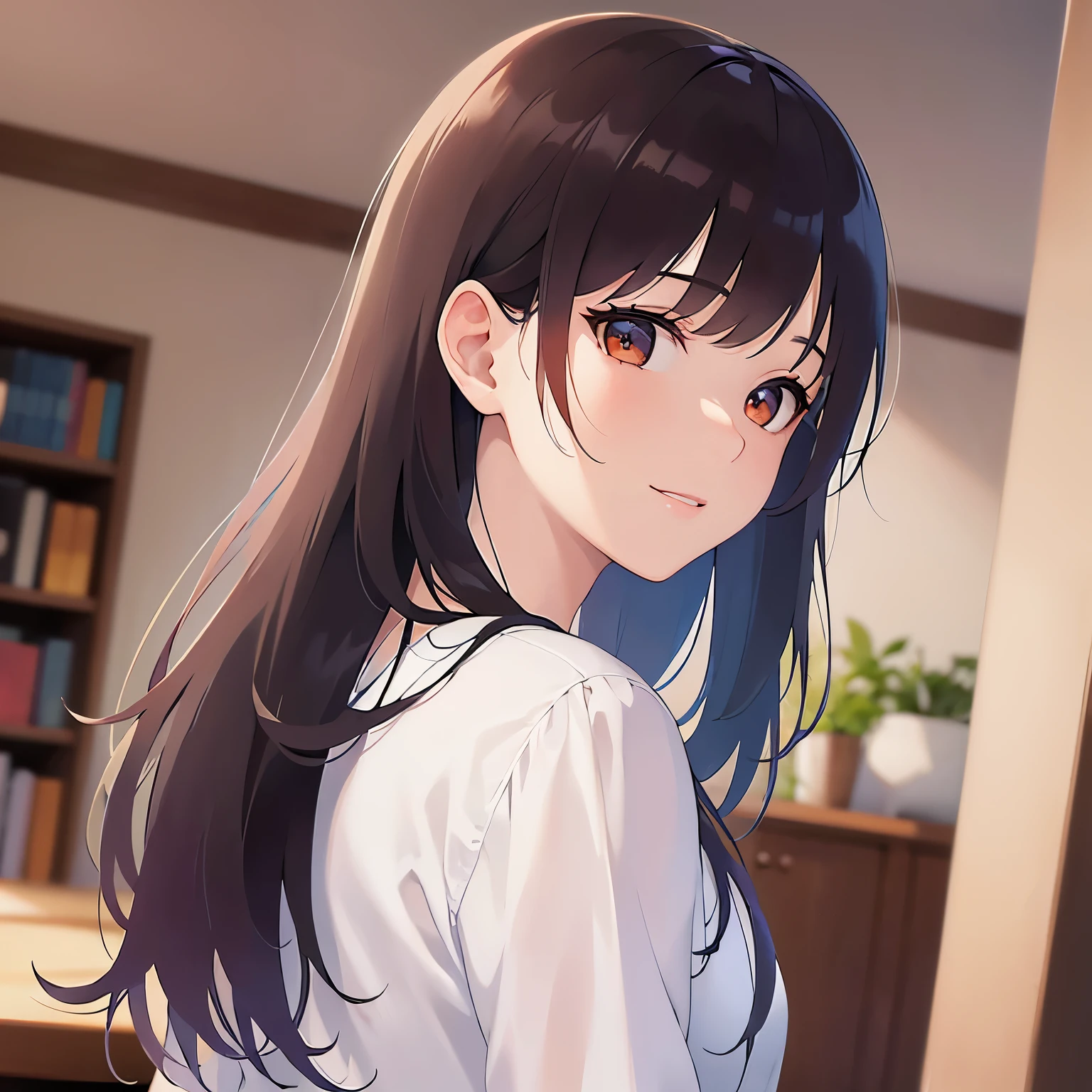 (looking at viewer:1.5),Upper Body,Side shot、
Realistic, real person, (pale skin: 1.2), RAW photo, photorealistic, shiny skin, shiny hair、
(A 25-year-old woman with medium-length hair and bangs) and (wavy hair) and (brown hair) and (orange eyes) 、
smile, Wearing a white V-neck long sleeve 、Are standing、The background is the living room at night