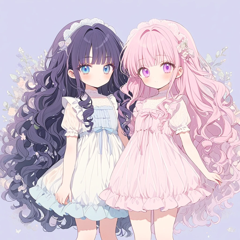 toll, two girls, long curly hair, yumecawaii, pastel white pink, Light purple skyBlue, frilled onepiece, cute background, whole body, natural