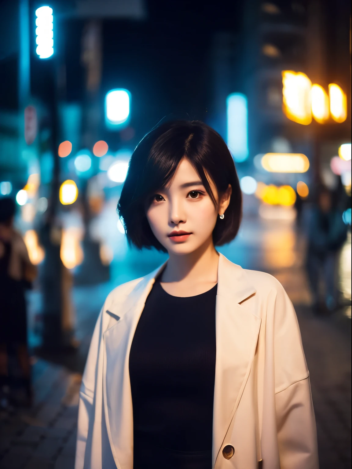 ((Highest quality)), ((masterpiece)), (Cinematic aesthetics:1.4) Bokeh city night photo of beautiful Korean fashion model