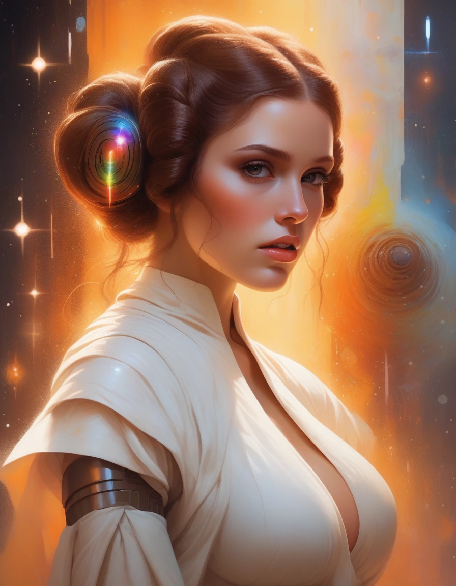 official art, unity 8k wallpaper, ultra detailed, beautiful and aesthetic, beautiful,, channeling arcane energies that ripple and distort the very air,abstract perspective, covered with small Pumpkin Rod, gooey liquid neon color hair and lips, highly refractive skin with small rainbow sparkles, glowing color exploding cell shading, Voronoi diagrams sparkling lighting,   Dappled Light, ((A canvas of code and creativity, bits and brushes unite, unveiling the portrait beyond pixels)), dreamy magical atmosphere, (skin texture), (film grain), (warm hue, warm tone), cinematic light, side lighting, Princess Leia (Star Wars): Princess Leia's iconic white dress, cinnamon bun hairstyle, and blaster make her a beloved choice for Star Wars cosplay., by boris vallejo and  Grzegorz Rutkowski (((big-boobs with hard nipples shows))) with jedi gold sword