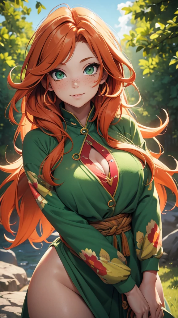 (masterpiece), (4k), )vivid colors), (evening light) 38 year old woman with ginger hair, green eyes, heart shaped face with freckles dressed as a North American hippie