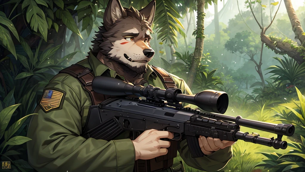 military uniform,rifle,jungle,Wolf,Men,robust,hairy,hairy的尾巴,big ear,Look forward,Perseverance,bust
