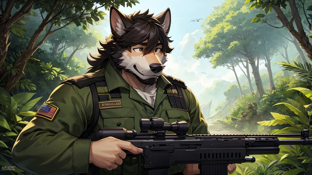 military uniform，rifle，jungle，Wolf，Men，robust，hairy，hairy的尾巴，big ear，Look forward，Perseverance，bust