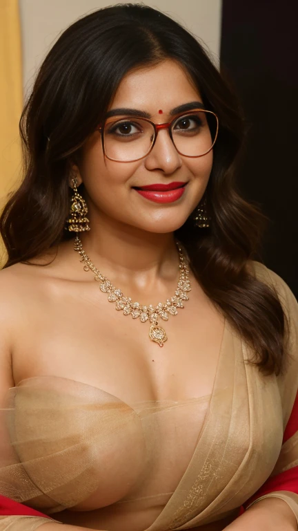 extreme close up photo of naked indian, big cheeks, hourglass figure, curvy, kneel down on all four on table in office, red lips, nerd glasses,big , necklace, sultry,  saree, look at viewer and subtle smile, (cinematic:1.3), intricate details, (ArtStation:1.2)