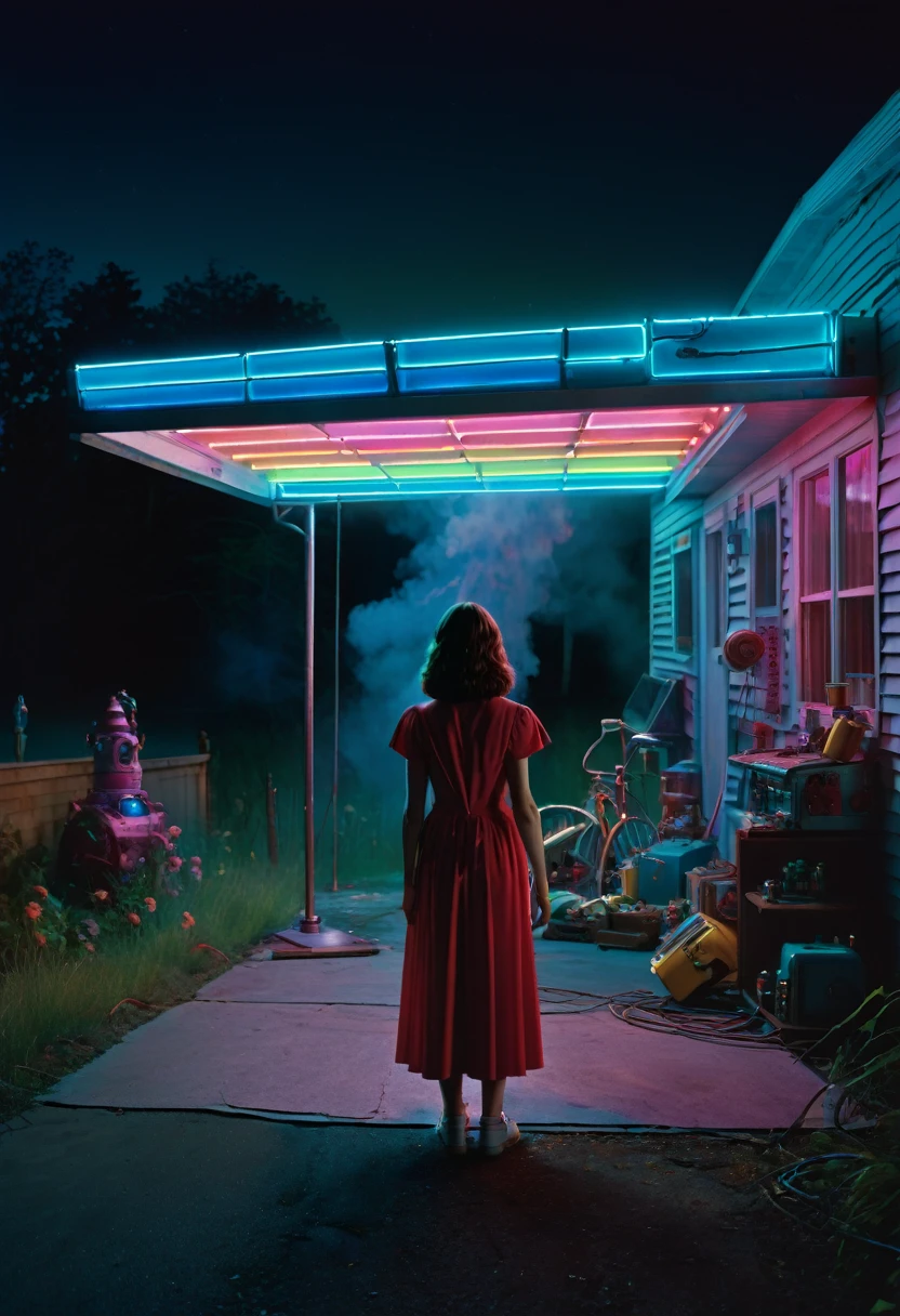 Ava Red, the Wizard of Magical Colors, mechanical priestess,hyper realistic, 3D, high resolution full frame, 35mm film, photography, Gregory Crewdson, Stranger Things, —ar 3:1
