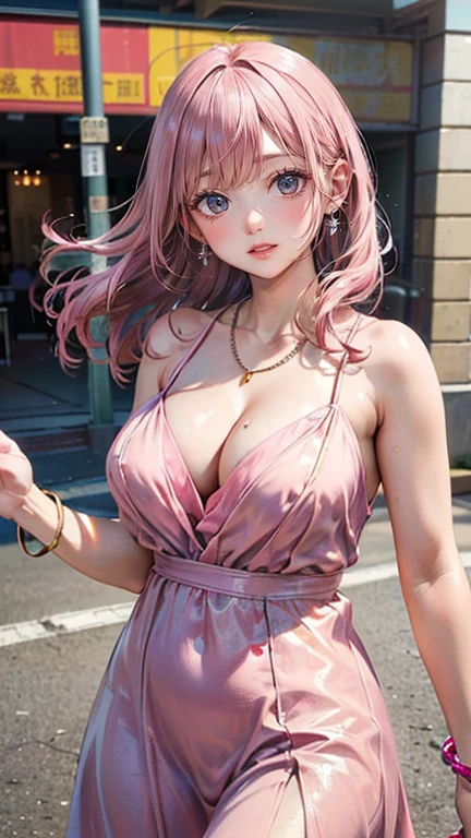 (masterpiece, Highest quality:1.3), (Super detailed:1.2), (hyperRealistic:1.3), (RAW Photos:1.2), High-definition RAW color photos, Professional photos, (PhotoRealistic:1.4), (Realistic:1.4), Professional Lighting, Perfect Anatomy, (Big Breasts:1.2), (blush, Detailed face), (Happy smile:1.7), Trending Hair&Trending Hairカラーをランダムに, Earrings, necklace, bracelet, Sexy, erotic Sexy, Random sexy gravure poses, (Woman in a pink dress、庭で花を摘みながらHappy smileでセクシーなポーズをとっている。Straight pink hair swaying in the wind。:1.3)