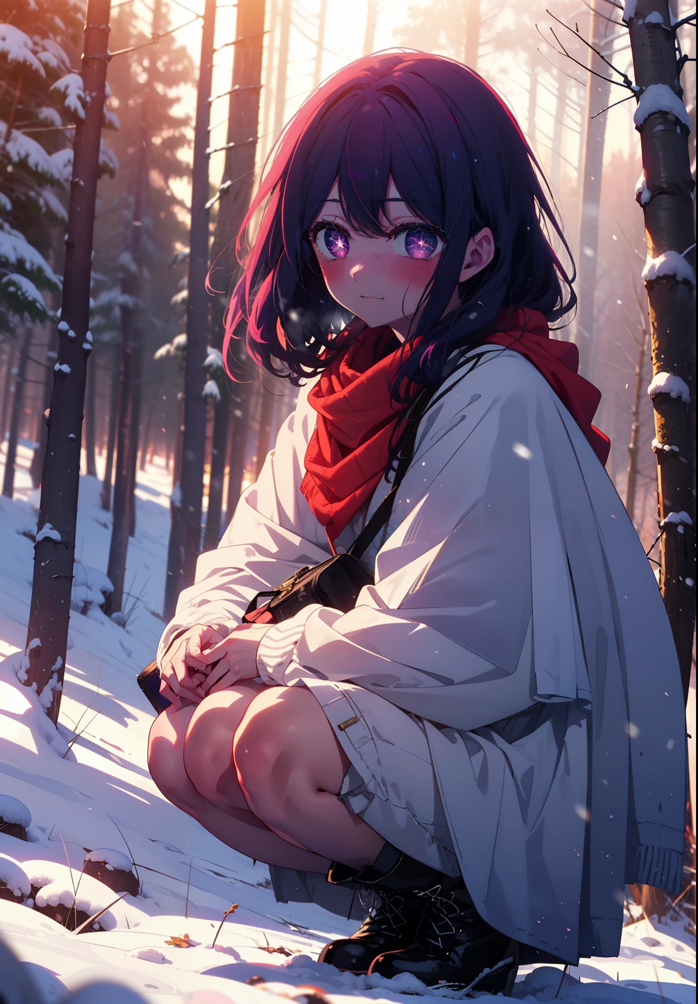 aihoshino, Ai Hoshino, Long Hair, bangs, (Purple eyes:1.1), Purple Hair, (Symbol-shaped pupil:1.5), smile,,smile,blush,white breath,
Open your mouth,snow,Ground bonfire, Outdoor, boots, snowing, From the side, wood, suitcase, Cape, Blurred, , forest, White handbag, nature, Squat, Mouth closed, Cape, winter, Written boundary depth, Black shoes, red Cape break looking at viewer, Upper Body, whole body, break Outdoor, forest, nature, break (masterpiece:1.2), Highest quality, High resolution, unity 8k wallpaper, (shape:0.8), (Beautiful and beautiful eyes:1.6), Highly detailed face, Perfect lighting, Highly detailed CG, (Perfect hands, Perfect Anatomy),
