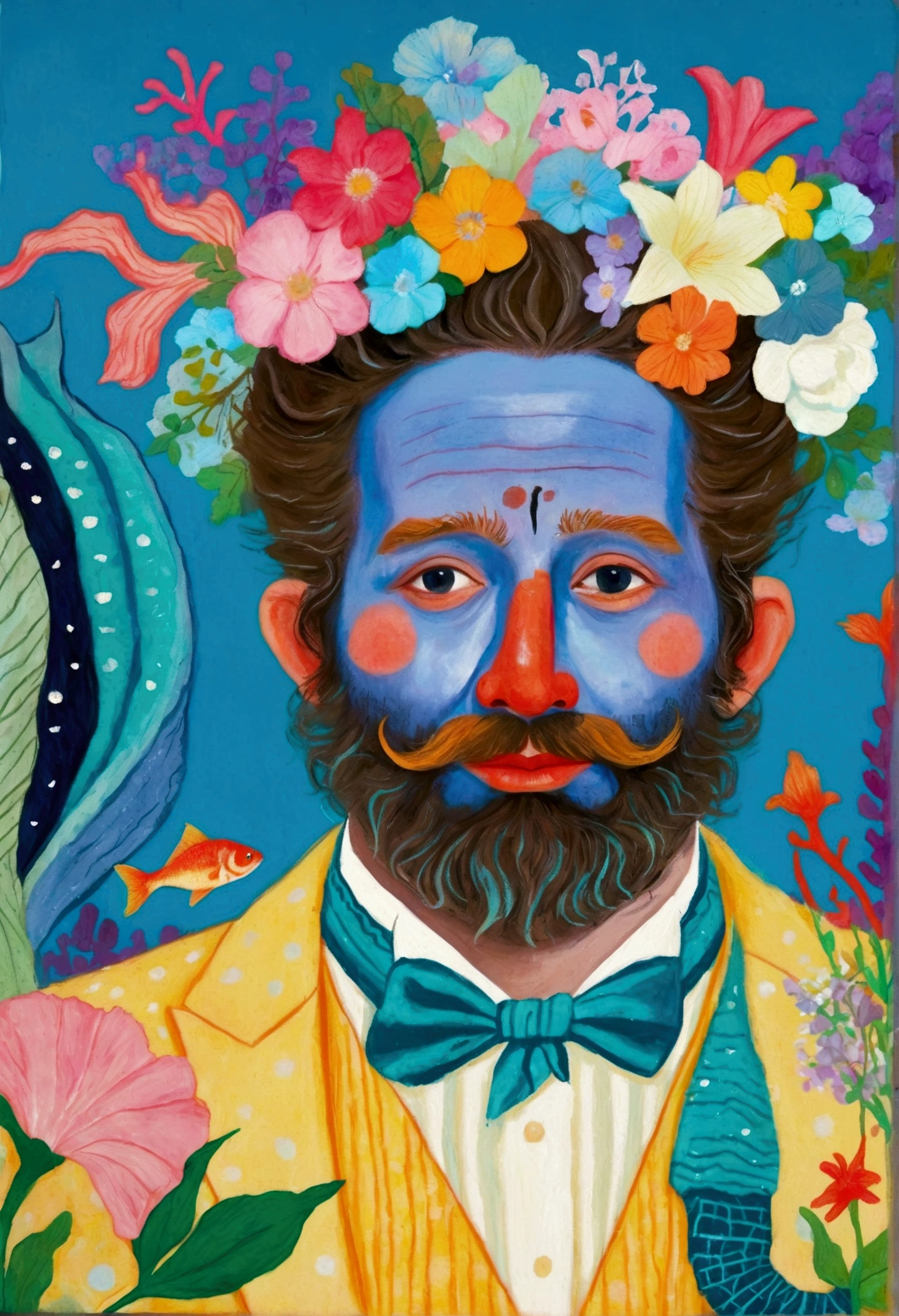 A painting，Pastel Art：Araffe dressed as a bearded、Blue Skin、Man with flowers on his head, Ryan Reynolds in a fat suit,  Kristen Bell as a mermaid, Blue Skin的精灵, Inspired by David LaChapelle, Flowers grew in his body, Inspired by James Ensor, 淡Blue Skin,