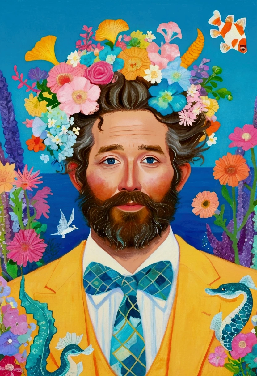 A painting,Pastel Art:Araffe dressed as a bearded、Blue Skin、Man with flowers on his head, Ryan Reynolds in a fat suit, Kristen Bell as a mermaid, Blue Skin的精灵, Inspired by David LaChapelle, Flowers grew in his body, Inspired by James Ensor, 淡Blue Skin,