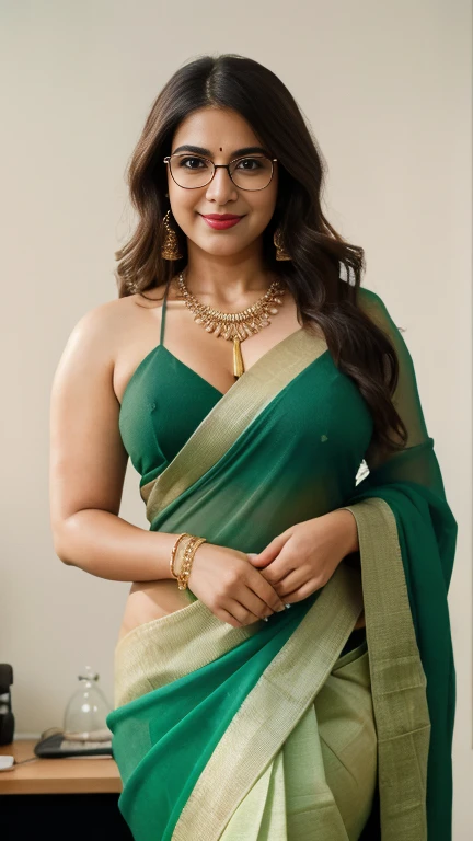 extreme close up photo of naked indian, big cheeks, hourglass figure, curvy, standing in office, red lips, nerd glasses,big , necklace, sultry, green saree, look at viewer and subtle smile, (cinematic:1.3), intricate details, (ArtStation:1.2)