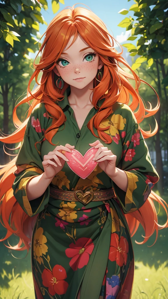 (masterpiece), (4k), )vivid colors), (evening light) 38 year old woman with ginger hair, green eyes, heart shaped face with freckles dressed as a North American hippie from the 70s