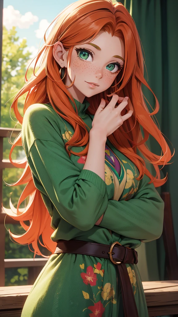 (masterpiece), (4k), )vivid colors), (evening light) 38 year old woman with ginger hair, green eyes, heart shaped face with freckles dressed as a North American hippie from the 70s
