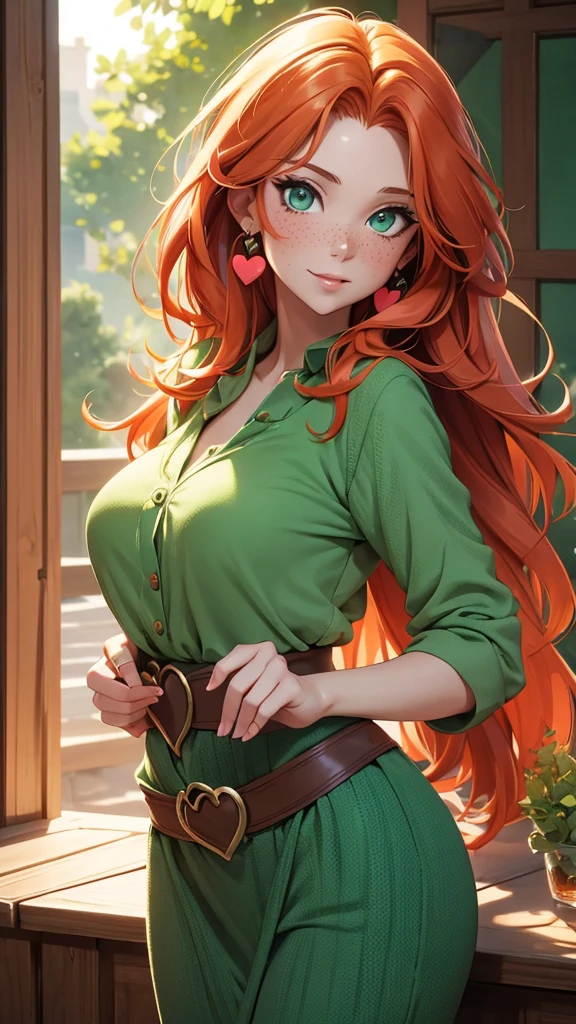 (masterpiece), (4k), )vivid colors), (evening light) 38 year old woman with ginger hair, green eyes, heart shaped face with freckles dressed as a North American hippie from the 70s