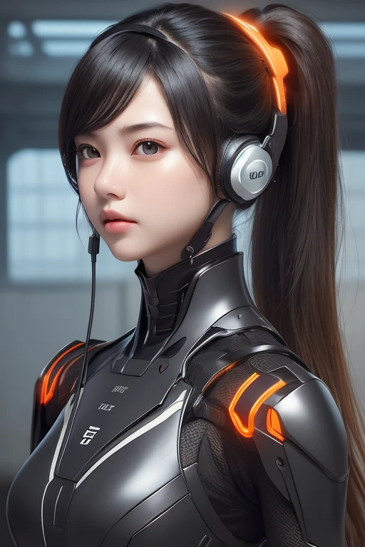 Top Quality, Masterpiece, Ultra High Resolution, (Photorealistic: 1.4), Raw Photo, 1 Girl, Black Hair, Glossy Skin, 1 Mechanical Girl, (((Ultra Realistic Details)), Portrait, Global Illumination, Shadows, Octane Rendering, 8K, Ultra Sharp, Intricate Ornaments Details, realistic skin, sweat effect, ((wearing Headphone)), very intricate detail, realistic light, CGSoation trend, brown eyes, glowing eyes, matte black and glossy orange mechanical bodysuit, Long hair, black hair, Ponytail hair, Half body shot, spaceship bridge background, dynamic pose, Embarrassed, Pout,