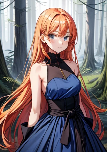 A girl, with a slightly smiling expression and his gaze directed forward. Her long orange hair falls softly over her shoulders.. She wears a blue dress with a wide black belt at her waist., that accentuates her slender figure. His right hand is slightly raised, With a relaxed attitude. With a mystical forest background, and at the top the title "Strange Magic"
