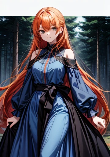 A girl, with a slightly smiling expression and his gaze directed forward. Her long orange hair falls softly over her shoulders.. She wears a blue dress with a wide black belt at her waist., that accentuates her slender figure. His right hand is slightly raised, With a relaxed attitude. With a mystical forest background, and at the top the title "Strange Magic"