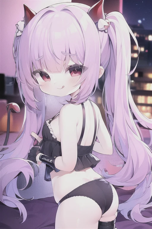 solo,Whole body、Young face、long silver Hair、long Twin tails、Spoiled brat、Immature body、(Small breasts)、smile、(Thick thighs:1.5)、Backwards、looking at viewer、Open mouth、double teeth、fang、blushing and sticking out her cute tongue, tongue out、sensational、Back view, Character portrait, whole body、little demon's horns and a tail、big Buttocks、(wearing a Magical girl costume)、Night view、tongue out, sexy panties、Shy face、pink tattoo on her abdomen、Seduce、(on a bed)、Cowboy Shot、On all four、 (looking back over their shoulder),