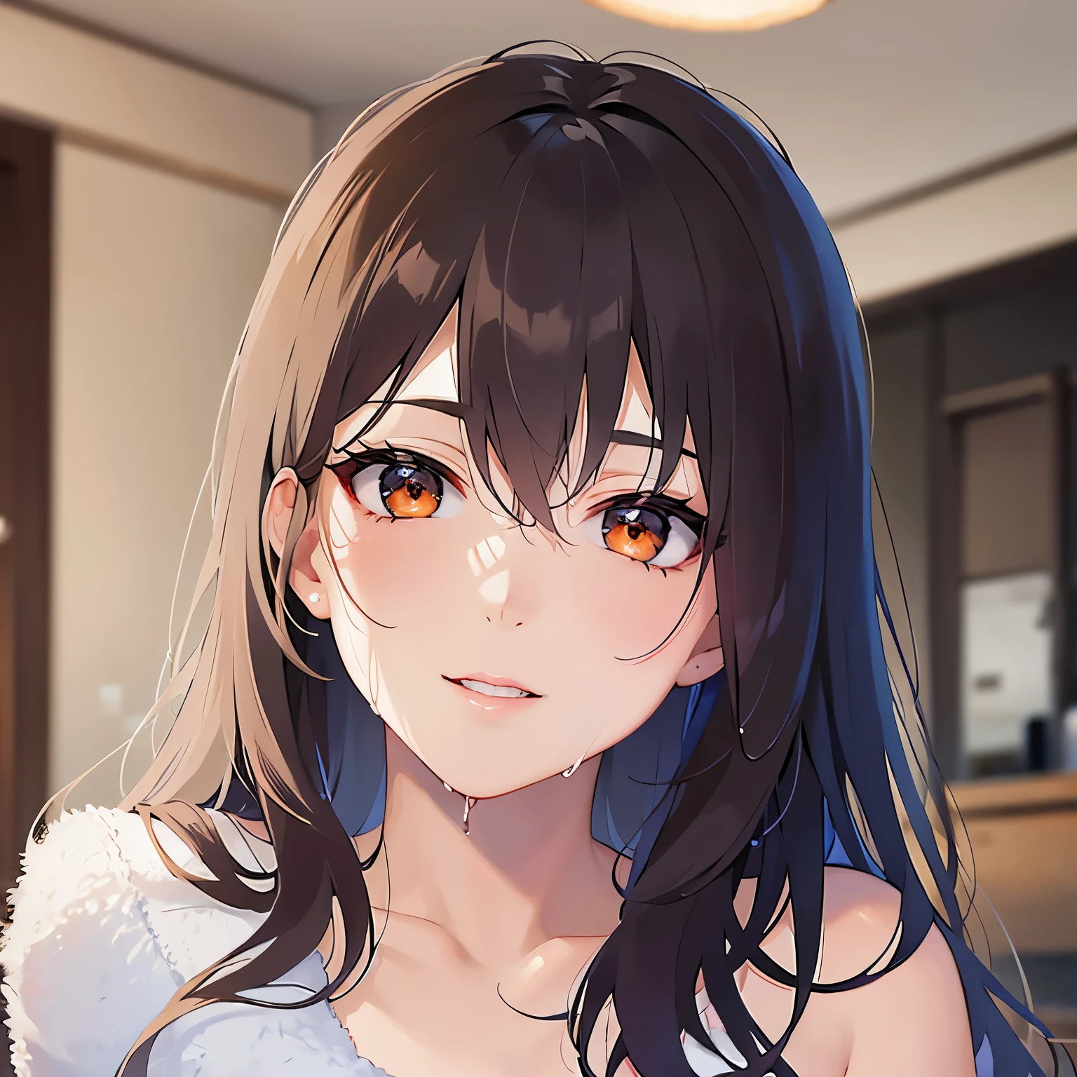 (looking at viewer:1.5),Upper Body,head tilit,(Wet:1.5),
Realistic, real person, (pale skin: 1.2), RAW photo, photorealistic, shiny skin, shiny hair、
(A 25-year-old woman with medium-length hair and bangs) and (wavy hair) and (brown hair) and (orange eyes) 、
smile, Wearing a black T-shirt 、The background is the living room at night,(white towel:1.2),(fluffy towel:1.7),