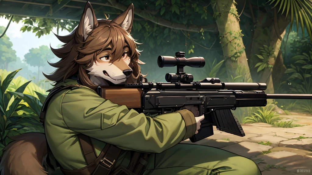 military uniform,rifle,jungle,Wolf,juvenile,robust,hairy,hairy的尾巴,big ear,Look forward,Perseverance,bust