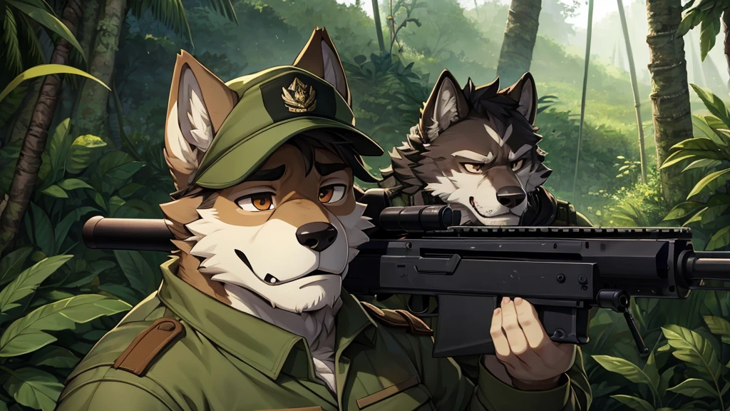 military uniform，rifle，jungle，Wolf，juvenile，robust，hairy，hairy的尾巴，big ear，Look forward，Perseverance，bust