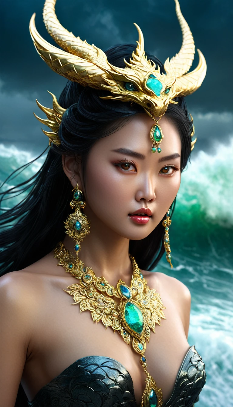 Portrait, extremely detailed facial close-up, inspired by the legends of ancient Asian goddesses, shot from the waist up. The goddess's face is a blend of modern beauty, combining the most prominent features of Thai, Korean, Hong Kong and Chinese movie stars. She has a stunningly beautiful face with strong, defined features and sharp eyes that shine with supernatural power, able to see through the human heart, captivating the viewer. Her eyes are somewhat cold, but exude a strong inner spirit. Long, flowing black hair falls down her back, intertwined with sparkling dragon scales, adding a mysterious touch to her appearance. ((The girl's chest is covered under the armor)).
The majestic dragon horns elegantly protrude from her forehead, curved and shiny, further emphasizing her divine nature. Her skin is smooth and radiant, with a delicate texture reminiscent of dragon scales, hinting at her supernatural origins. She wears an elaborate gold necklace adorned with glowing gemstones, each emitting a soft, ethereal glow. In her hand, the goddess holds an ancient, mystical weapon – perhaps a staff or a staff – that radiates mythical energy and power.
The goddess stands tall and majestic, a towering figure of divine presence and supreme power. Her posture exudes grace, confidence, and unwavering strength, dominating the entire frame. Behind her, the backdrop shows a stormy seascape with huge waves crashing violently, the sky dark and ominous, filled with swirling storm clouds and flashes of lightning. The entire scene conveys a sense of her monumental scale and divine power.
Rendered in a surreal digital art style with dramatic lighting, the image adds to the intense atmosphere and highlights her divine appearance. The contrast between the goddess' calm, serene demeanor and the chaotic elements around her emphasizes her mastery over nature and her majestic presence.