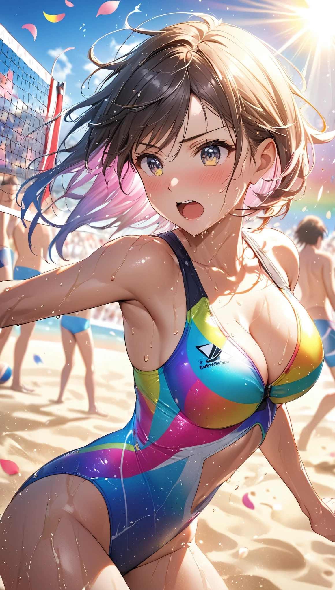 (Sports magazine cover photo), Highest quality, Great quality, 16K, Unbelievably absurd, Very detailed, delicate and dynamic, Natural light, The particles reflect light, Diffuse reflection of light, Many rainbow-colored petals fall, Beautiful sandy beach, Sparkling Sun, Diffuse reflection of light, Create amazing image effects, , Wet, sweating, Beach Volleyball, receive, Close-up(Cute sexy girl, big bouncing busts, Sensual expression, Cool girl, Serious, passion, Dynamic, Flashy swimsuit, ,audience , much-air-laden cheer)