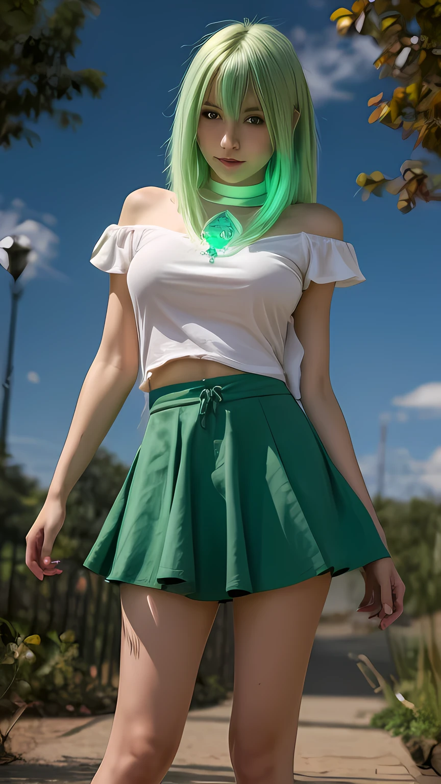((Best Quality)), ((masterpiece)), (detailed), 1 anime girl with the power to regenerate nature through giant luminous flashes , spectacular shine green rays of bright green light, beautiful girl cosplay green short skirt , beautiful legs very very thin and beautiful girl,beautiful face original realism, Rays of light all over her body come out of her.,many non-elongated radiant green light rays ,front shot beautiful special girl, beautiful radiant green