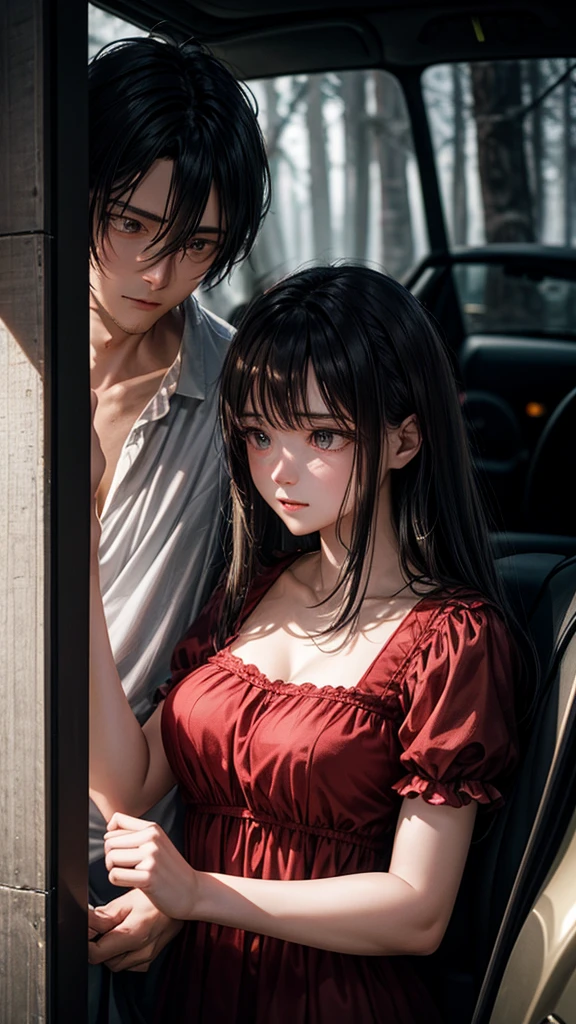In the dimly-lit forest, a couple stands next to their car illuminated by its headlights, creating an eerie yet romantic scene. The man is tall and lean, with dark hair swept back, while the woman is and graceful, her red dress billowing in the night breeze. This stunning photograph captures the tension between their intense gazes, hinting at a complicated relationship. The play of light and shadows adds a sense of mystery and depth to the composition, making it a truly captivating image that evokes a range of emotions.