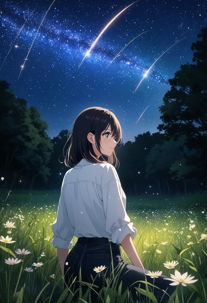score_7_up,score_8_up,score_9,source anime,surper detail,1girl,white shirt,black denim pants,In a nighttime meadow, shooting stars continuously streak across the sky, creating a light show. The entire meadow is bathed in starlight, spreading breathtaking beauty. A moment of being captivated by the miracles of nature.photoreal,