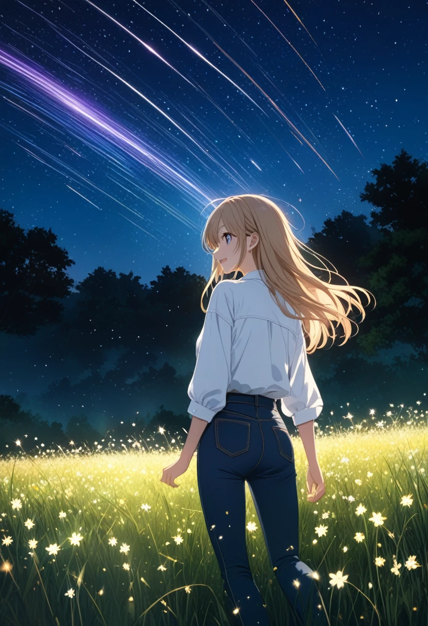 score_7_up,score_8_up,score_9,source anime,surper detail,1girl,white shirt,black denim pants,In a nighttime meadow, shooting stars continuously streak across the sky, creating a light show. The entire meadow is bathed in starlight, spreading breathtaking beauty. A moment of being captivated by the miracles of nature.photoreal,