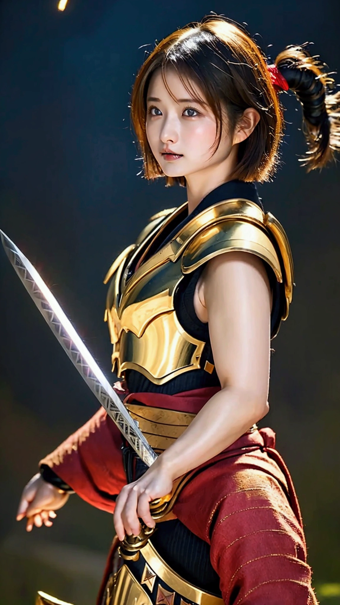 Highest quality、High resolution、Very detailed、Detailed Background、Beautiful 27 year old woman、Warrior、dragon tattoo on arm、Japanese sword明治政宗、(Blade length: 2 feet 4 inches、Handle length: 25cm、This part is woven with red and black threads...、The swallow is golden)、Japanese sword、Sharp eyes、(enemy'Blood is flowing to my cheeks)(Takeda Shingen)(Red and gold armor)、blonde、short hair、Realistic Face、Swing your sword down、Delicate eyes、Laugh a little、Like a fight scene in a live-action movie、More realistic battle scenes、On the cheeks、enemyWarriorの返り血、(Burning castle in the background、Sparks fly、)(Japanese sword(The famous sword Muramasa 1.5)Hold with both hands、Sword Drawing Technique(Japanese sword、Muramasa Sword)、Warrior、