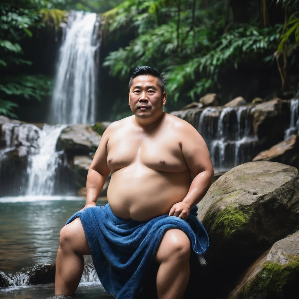 Man, Asian, 40 years old, Fat, Chubby, taking off shirt, Shirtless, wearing a towel, towel draped over shoulder, Sitting in waterfall, soaking in a mineral spring, in a big forest, Top view, sharp image, light beautiful.