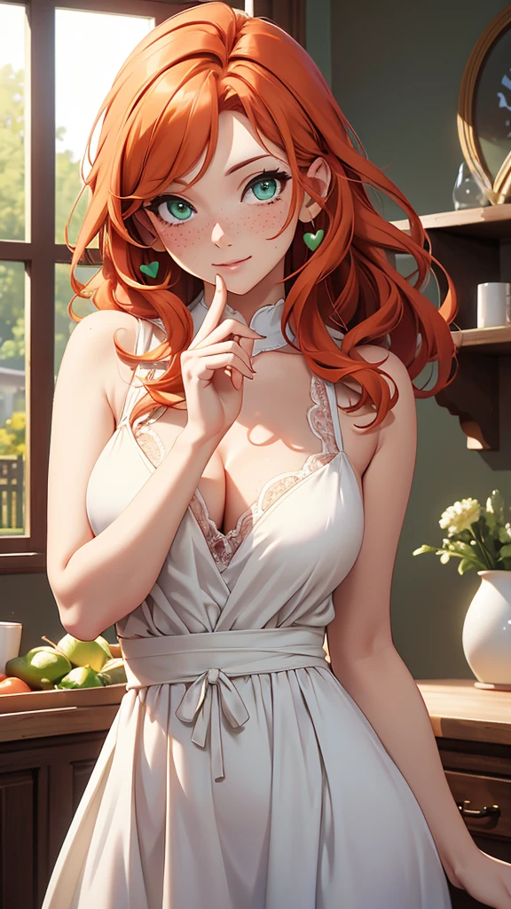 (masterpiece), (4k), )vivid colors), (evening light) 38 year old woman with ginger hair, green eyes, heart shaped face with freckles dressed as a housewife in a white dress