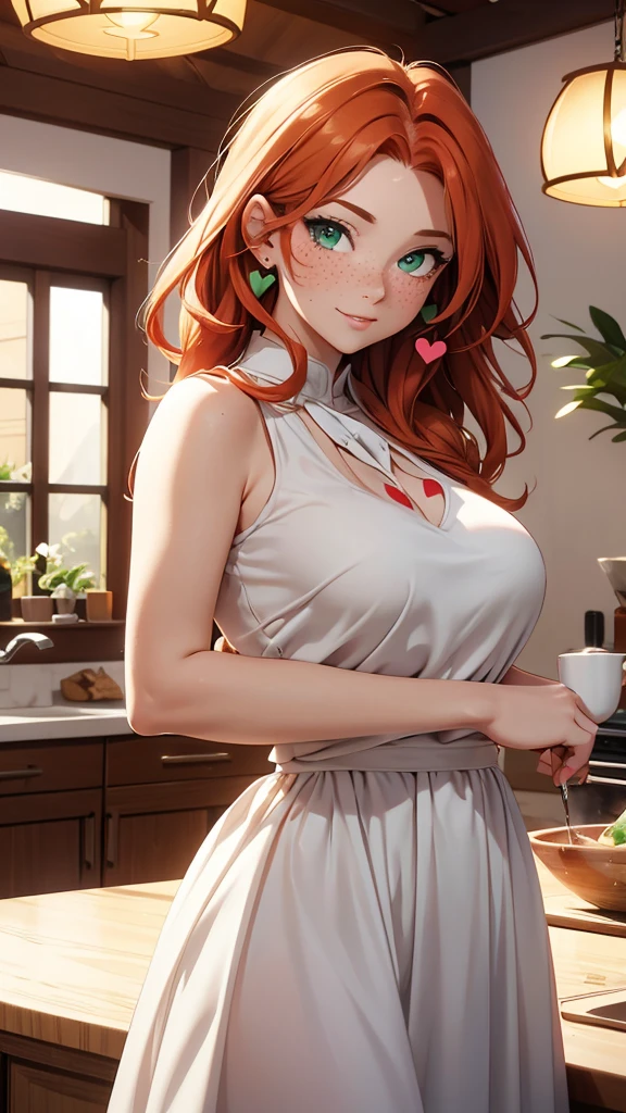 (masterpiece), (4k), )vivid colors), (evening light) 38 year old woman with ginger hair, green eyes, heart shaped face with freckles dressed as a housewife in a white dress