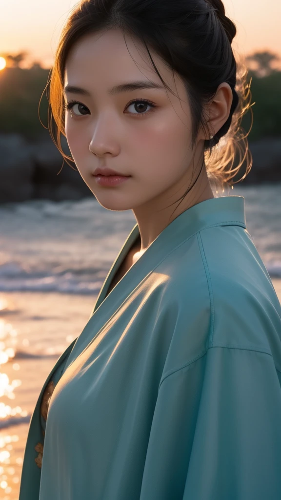 Japanese women、Clothes that do not expose skin、Close-up of face、Sunset