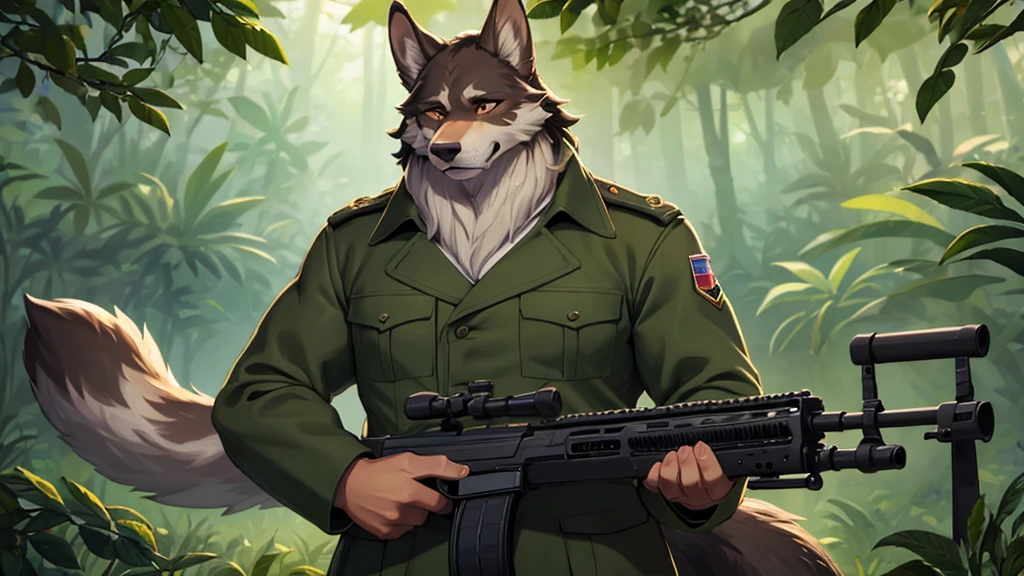 military uniform,rifle,jungle,Wolf,Men,robust,hairy,hairy的尾巴,big ear,Look forward