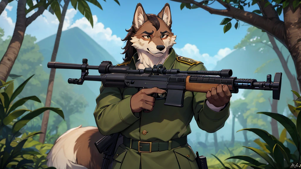 military uniform,rifle,jungle,Wolf,Men,robust,hairy,hairy的尾巴,big ear,Look forward