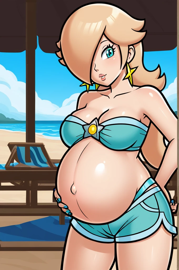 score_9, score_8_up, 1girl, solo, rosalina, style parody, thick outlines, bikini, shorts, pregnant belly, big belly, sleeveless, strapless, cleavage, indoors, beach, black nails, complete body, perfect, blue nails,