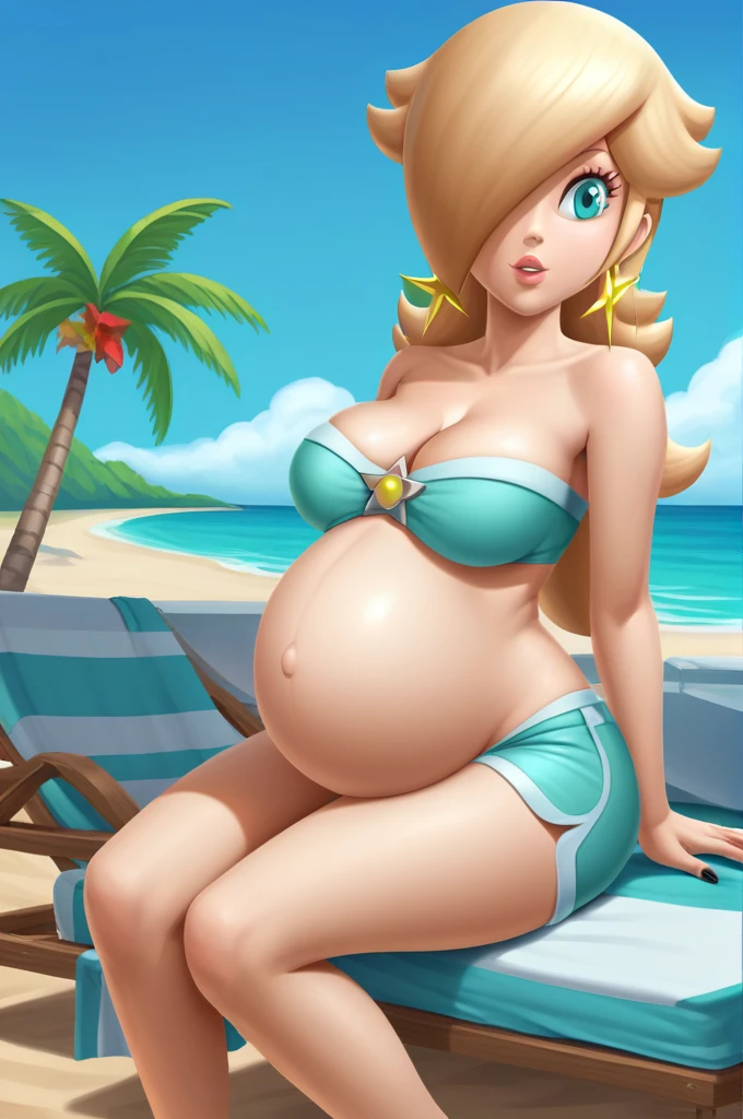 score_9, score_8_up, 1girl, solo, rosalina, style parody, thick outlines, bikini, shorts, pregnant belly, big belly, sleeveless, strapless, cleavage, indoors, beach, black nails, complete body, perfect, blue nails,