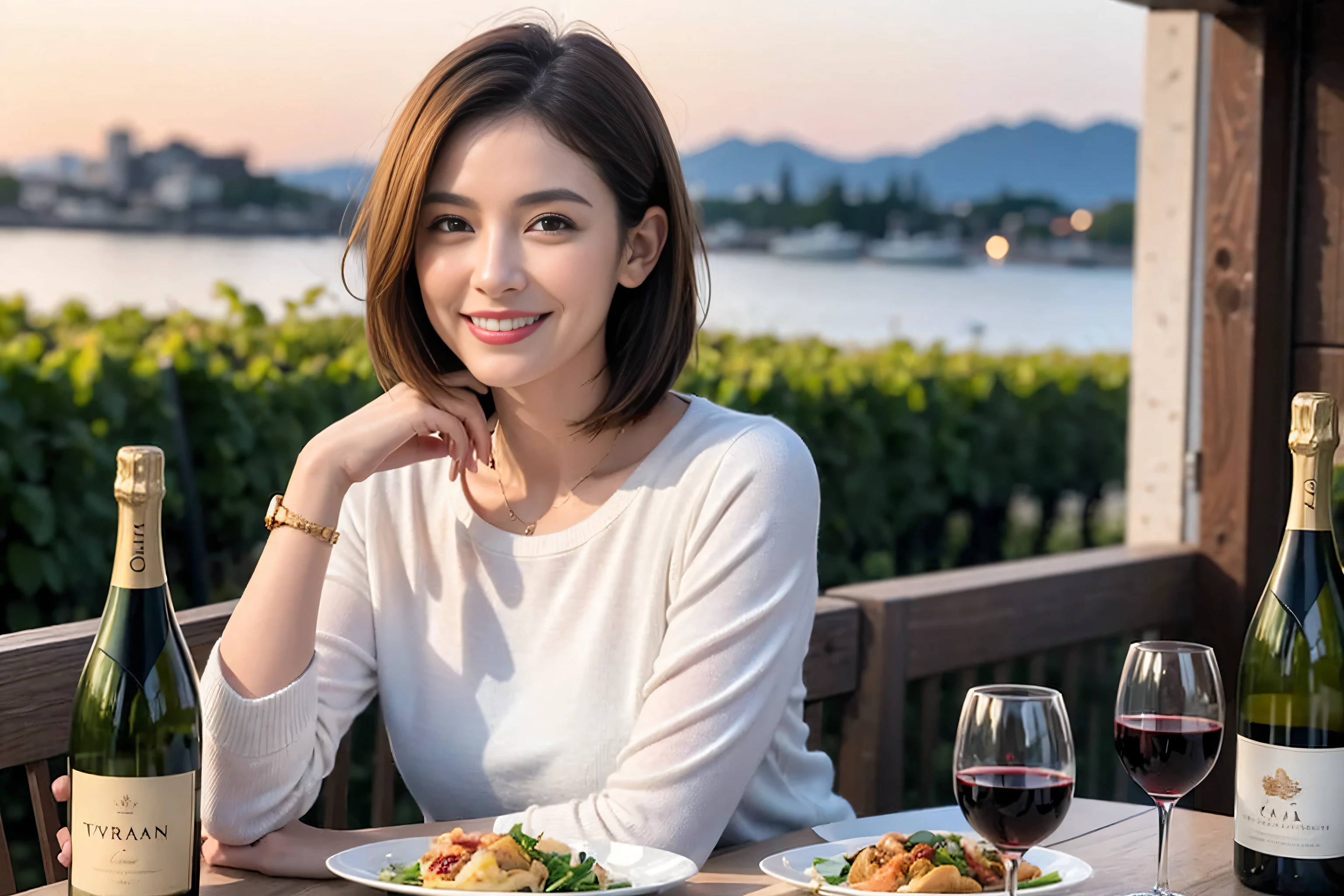 (Realistic:1.1),(masterpiece,Highest quality),8k,(49 years old), 50 years old, slimカップル、Tight waist,Upper Body,full-course dinner、wine 、Amazing view of the sunset sky and clouds、Perfect Anatomy, Brown Hair, short hair,Random Hairstyles,((Highly detailed face and eyes:1.2)),Perfect golden ratio face,Long sleeve shirt、dress,(smile:1.2)、Shortcuts、cute、(Realistic, Intricate details:1.2), A bright smile、short hair,Bright Face、赤wine 、Appetizers、Italian food、wine bottle、Champagne、スパークリングwine、(slimな顔), (The body is slim), (Brown Hair), (Shortcuts), Upper Body, 白wine, slim, wineグラス,