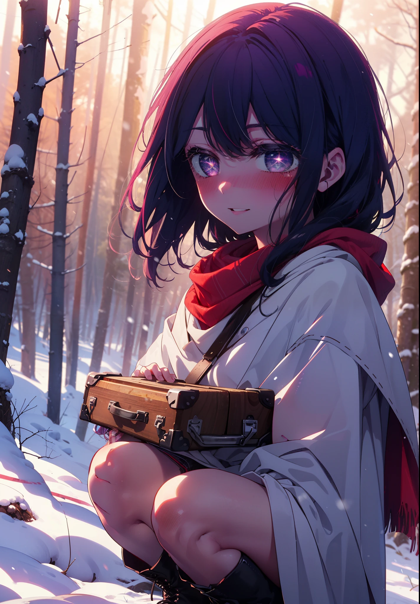 aihoshino, Ai Hoshino, Long Hair, bangs, (Purple eyes:1.1), Purple Hair, (Symbol-shaped pupil:1.5), smile,,smile,blush,white breath,
Open your mouth,snow,Ground bonfire, Outdoor, boots, snowing, From the side, wood, suitcase, Cape, Blurred, , forest, White handbag, nature, Squat, Mouth closed, Cape, winter, Written boundary depth, Black shoes, red Cape break looking at viewer, Upper Body, whole body, break Outdoor, forest, nature, break (masterpiece:1.2), Highest quality, High resolution, unity 8k wallpaper, (shape:0.8), (Beautiful and beautiful eyes:1.6), Highly detailed face, Perfect lighting, Highly detailed CG, (Perfect hands, Perfect Anatomy),